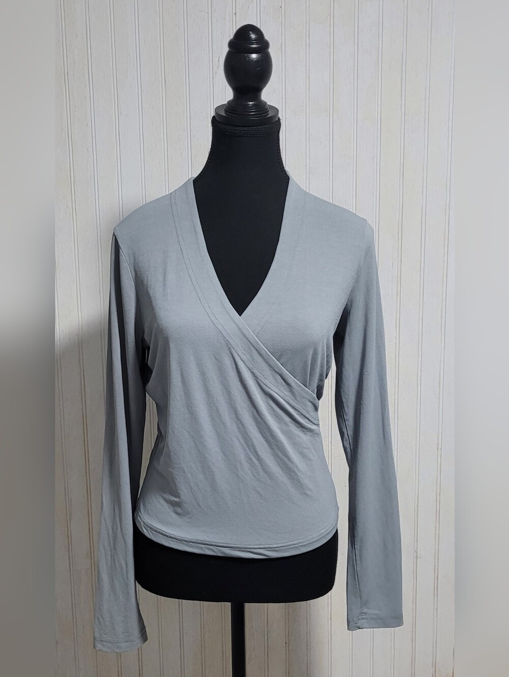 Vintage Lew Magram Surplice Faux Wrap Long Sleeve Top Gray Blue Size L